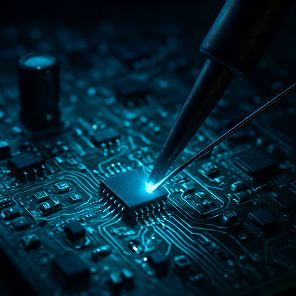 Close-up PCB circuit board with glowing components